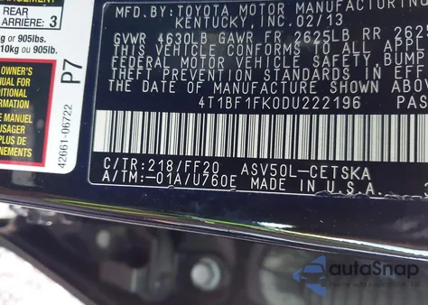 2013 Toyota Camry Se from USA, damaged, VIN 4T1BF1FK0DU222196